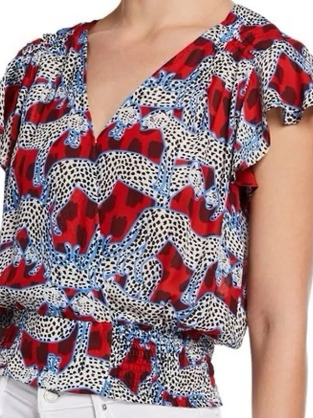 Parker Red, White & Blue Abstract V-Neck Blouse